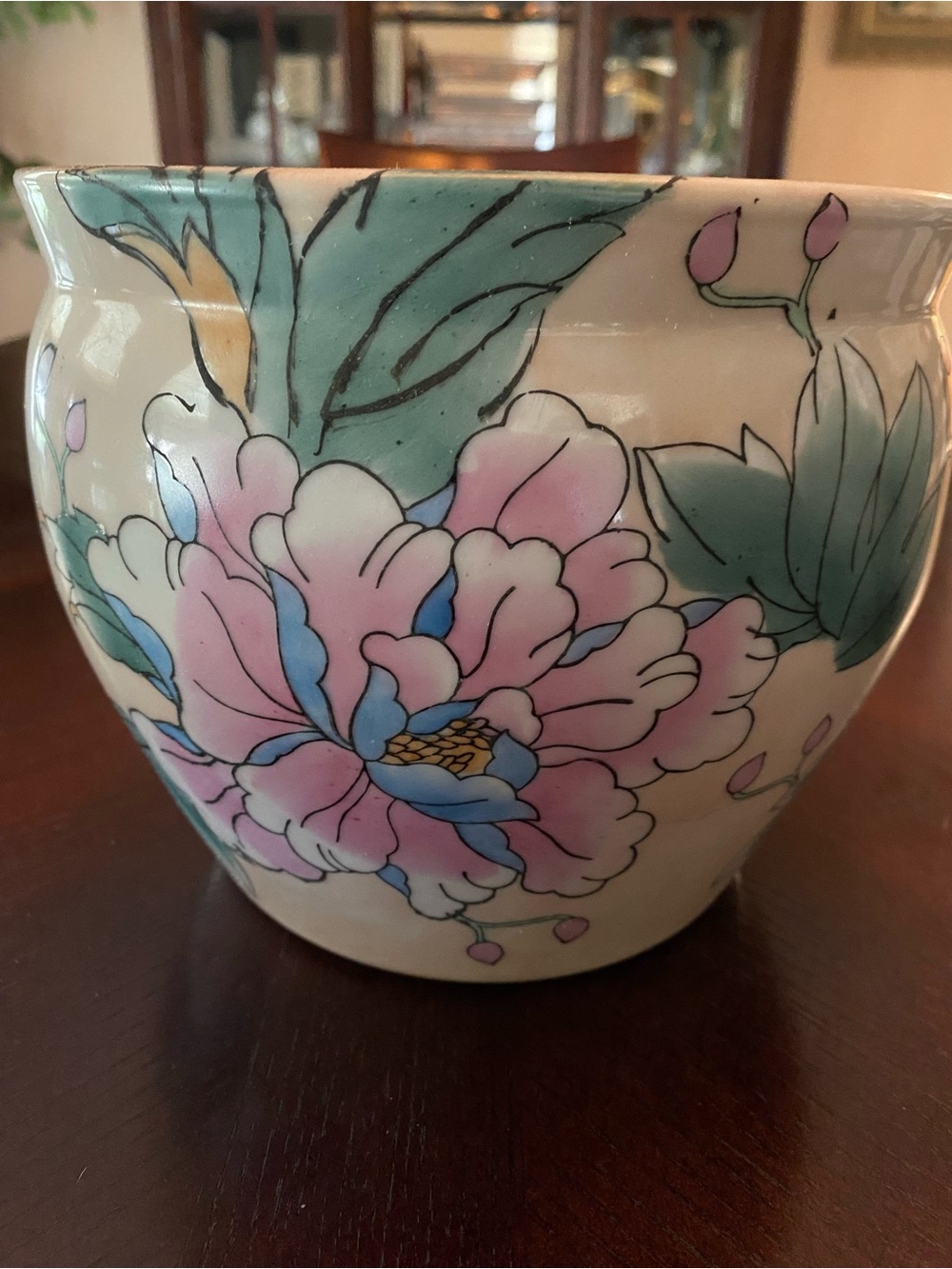 Vintage Floral Ceramic Fish Bowl/Planter with Pink & Blue Peony Design